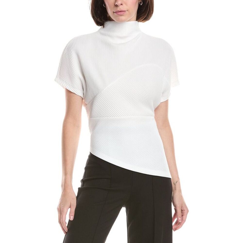 Kenneth Cole Womens  Asymmetrical Mock Neck Plisse T-Shirt, Yellow